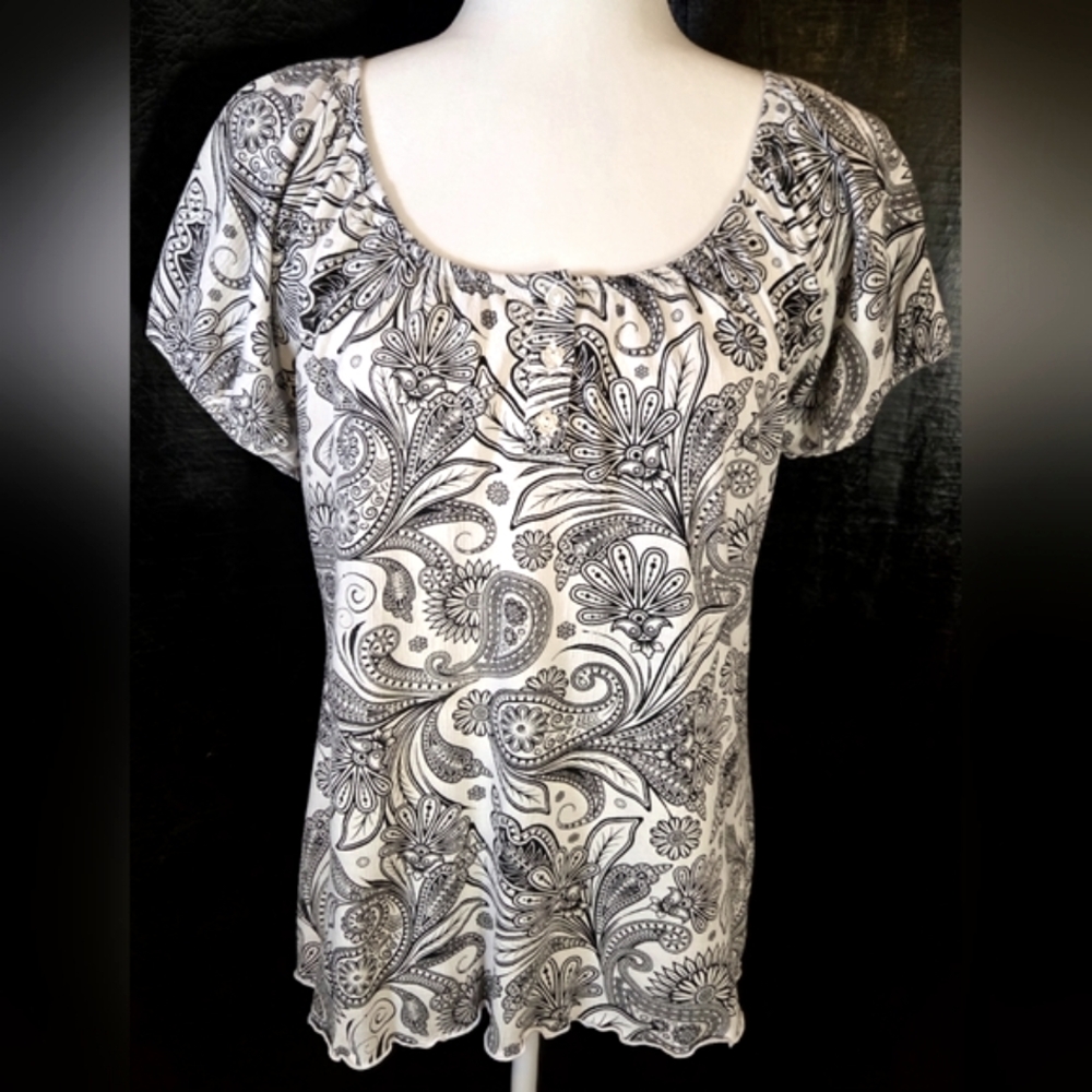 Susan Lawrence Black And White Paisley Short-Sleeved Top Size Small - Picture 2 of 8